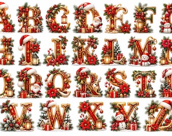 Paquete de letras PNG del alfabeto navideño, letras navideñas doradas de la A a la Z, números festivos PNG del 0 al 9, imágenes prediseñadas de sublimación navideña, descarga digital.