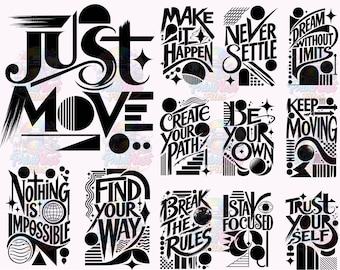 Paquete de imágenes PNG con frases motivacionales, diseños de camisetas con tipografía inspiradora, gráficos para camisetas de gimnasio y fitness, descarga digital para sublimación.