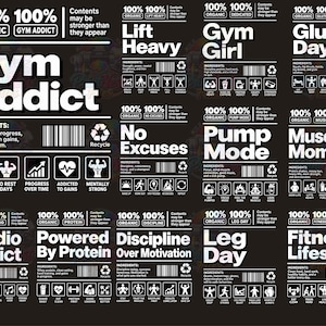 Puede incluir: Una colección de etiquetas rectangulares en blanco y negro con texto e iconos de temática fitness. Cada etiqueta incluye las frases 100% Organic y 100% Gym Addict, junto con eslóganes específicos como Lift Heavy, Gym Girl, Glute Day y Muscle Mommy.
