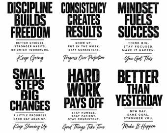 Paquete de imágenes PNG de camisetas motivacionales de fitness con diseños tipográficos desgastados (descarga digital)