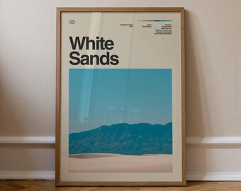 Grafika White Sands, sztuka podróżnicza, minimalistyczna sztuka ścienna, połowa wieku, plakat ze zdjęciem