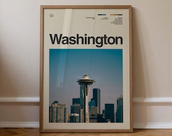 Washington Print No.2, Travel Art, Minimal Wall Art, Mid Century, Real Photo Poster