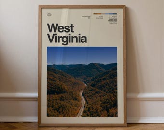 Grafika z Zachodniej Wirginii nr 1, Sztuka podróżnicza, Minimalistyczna sztuka ścienna, Połowa XX wieku, Plakat ze zdjęciem