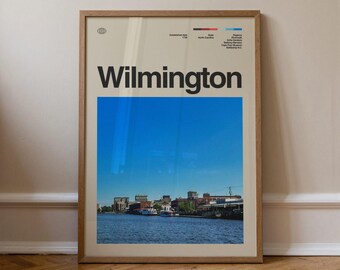 Grafika z Wilmington, sztuka podróżnicza, minimalistyczna sztuka ścienna, połowa wieku, plakat ze zdjęciem