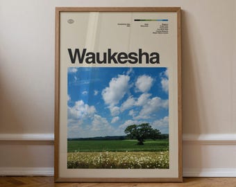 Grafika Waukesha, sztuka podróżnicza, minimalistyczna sztuka ścienna, połowa wieku, plakat ze zdjęciem