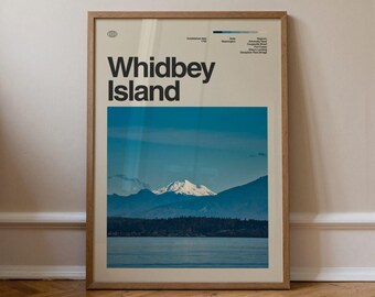 Grafika z wyspy Whidbey, sztuka podróżnicza, minimalistyczna sztuka ścienna, połowa wieku, plakat ze zdjęciem