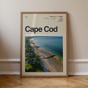 Puede incluir: Un póster enmarcado con una vista aérea de Cape Cod, Massachusetts. La imagen muestra una playa de arena, agua azul clara y una costa verde. El póster incluye las palabras "Cape Cod" en letras negras en negrita.