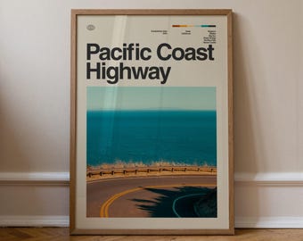 Pacific Coast Highway Print, Travel Art, Minimal Wall Art, Mid Century, Real Photo Poster