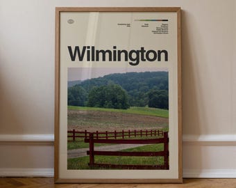 Grafika z Wilmington, sztuka podróżnicza, minimalistyczna sztuka ścienna, połowa wieku, plakat ze zdjęciem