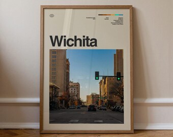 Grafika Wichita nr 2, Sztuka podróżnicza, Minimalistyczna sztuka ścienna, Połowa XX wieku, Plakat ze zdjęciem