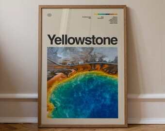 Yellowstone Print No.2, Sztuka podróżnicza, Minimalistyczna sztuka ścienna, Połowa XX wieku, Plakat ze zdjęciem