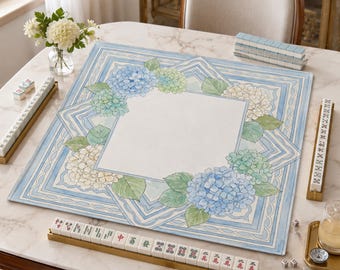 Coastal Blue Hydrangea Mahjong Mat, Floral Game Night Table Runner