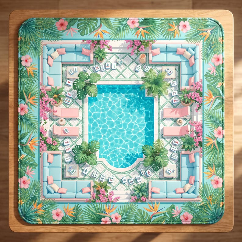 May include: A square mat featuring a top-down view of a swimming pool surrounded by light blue sofas, pink lounge chairs, and scattered mahjong tiles. The border is decorated with tropical palm leaves, hibiscus flowers, and bird of paradise plants.