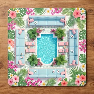 May include: A square mat featuring a top-down view of a swimming pool surrounded by four light blue sofas, pink lounge chairs, and lush tropical foliage including hibiscus flowers, bougainvillea, and palm leaves on a white patterned tile floor.