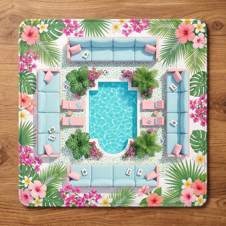 May include: A square mat featuring a top-down view of a swimming pool surrounded by four light blue sofas, pink lounge chairs, and lush tropical foliage including hibiscus flowers, bougainvillea, and palm leaves on a white patterned tile floor.