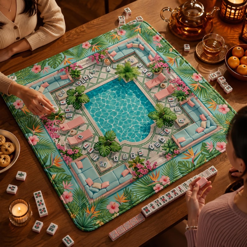 May include: A square mahjong mat featuring a vibrant tropical pool scene with light blue lounge furniture, pink lounge chairs, green palm leaves, and hibiscus flowers. The mat is surrounded by white mahjong tiles with black characters.