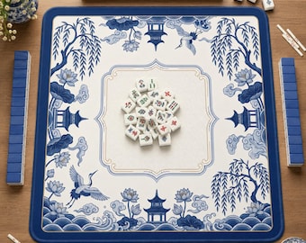 Chinoiserie Mahjong Mat, Blue Floral Crane Playing Pad, Elegant Table Surface