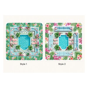 May include: Two square illustrations showing top-down views of a swimming pool surrounded by light blue sofas, pink lounge chairs, and tropical foliage. Style 1 features a geometric tile border, while Style 2 displays vibrant pink and white flowers.