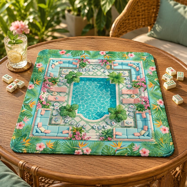 May include: A square mahjong mat featuring a vibrant tropical pool scene with light blue lounge furniture, pink hibiscus flowers, and green palm leaves. The mat is surrounded by scattered white mahjong tiles on a round wooden table.