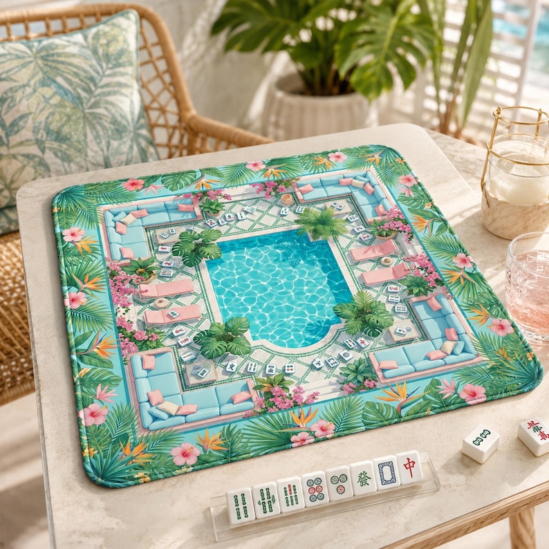 May include: A square mahjong mat featuring a vibrant tropical pool scene with light blue lounge furniture, lush green palm leaves, and pink hibiscus flowers. The mat is displayed on a table with a rack of white mahjong tiles in the foreground.