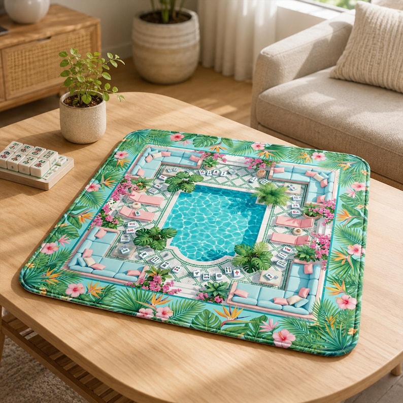 May include: A square game mat featuring a vibrant tropical pool scene with light blue lounge furniture, pink flowers, and green palm leaves. The design includes a central swimming pool surrounded by patio tiles and scattered mahjong tiles.