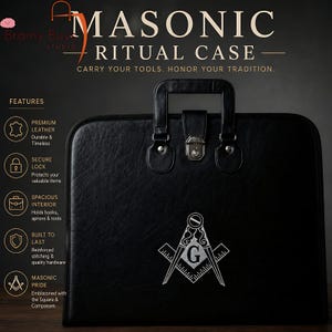 Puede incluir: Maletín ritual masónico negro con asa y cierre plateado. El estuche presenta el emblema de la Escuadra y el Compás y el texto "MASONIC RITUAL CASE". El estuche está hecho de cuero de primera calidad y tiene un cierre seguro.