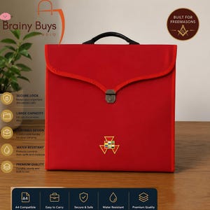 May include: A red A4 document case with a black handle and a secure lock. The case features a flap closure and a decorative emblem. Text on the case includes "Secure Lock", "Large Capacity", "Portable Design", "Water Resistant", and "Premium Quality".