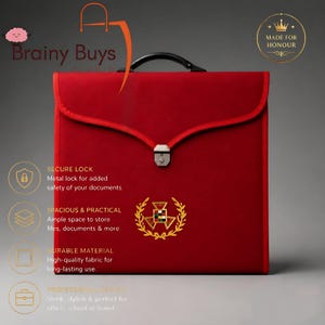 May include: A red document portfolio case featuring a black top handle and a silver metal latch closure. The front displays a gold embroidered emblem of a laurel wreath surrounding a geometric shield. Text includes Brainy Buys and Made for Honour.