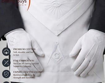 Master Mason Blue Lodge Apron and Gloves; All White Set-Lambskin with Elegant Embroidery