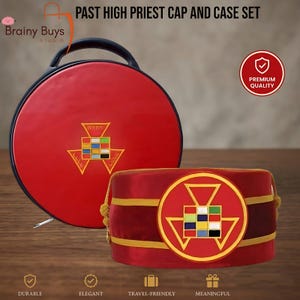 May include: A red Past High Priest cap and case set. The round case has a black handle and zipper. The cap and case feature a gold emblem with colorful squares. The text "PAST HIGH PRIEST CAP AND CASE SET" is at the top.