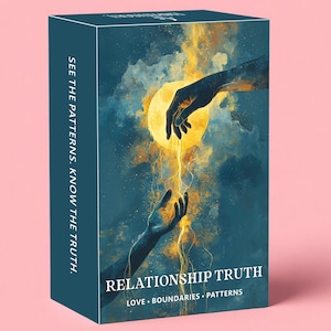 May include: A teal box with the text "SEE THE PATTERNS. KNOW THE TRUTH." and "RELATIONSHIP TRUTH" in white. The box features an artistic illustration of two hands reaching towards each other with a yellow sun in the background. The words "LOVE. BOUNDARIES. PATTERNS" are also visible.