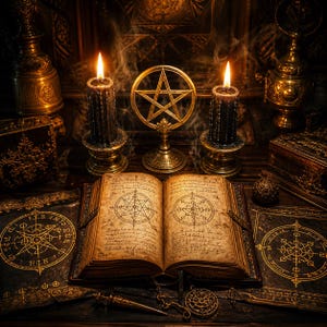 Op de afbeelding: Een open, oud boek met ingewikkelde diagrammen en handgeschreven tekst ligt op een houten tafel, omringd door kaarsen, een pentagram en andere occulte voorwerpen. De scène wordt verlicht door warm, goudkleurig licht.