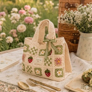 May include: Cream-colored crochet tote bag with a patchwork design featuring strawberries, flowers, and green squares. The bag has a green gingham ribbon and the text "picnic club" on a small label. The bag is on a table with silverware and a book.