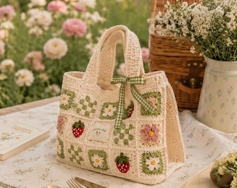 Crochet Granny Square Bag Pattern PDF, Floral Tote Bag with Strawberry Motifs