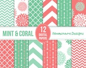 Mint and Coral Digital Paper: Digital Scrapbooking Paper Variety Pack in Floral, Arrows, Quatrefoil and Chevron Patterns - Commercial Use Ok