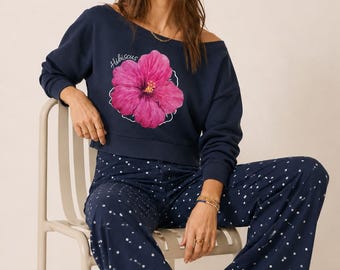 Sudadera coqueta con estampado de hibisco, top femenino. Cuello ancho/hombros descubiertos. Conjunto floral. Vacaciones, crucero, viaje de chicas, conjunto de playa, regalo.