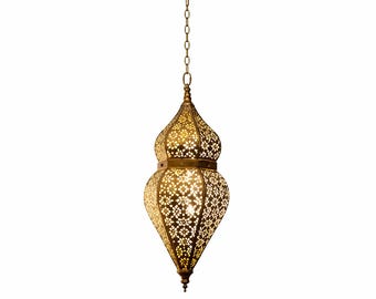 Marokańska lampa wisząca z mosiądzu · Ręcznie wykonana filigranowa latarnia · Czeska lampa wisząca · Antyczna złota lampa sufitowa