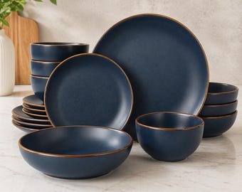 16-delig servies van marineblauw aardewerk, borden en schalen, duurzaam keramisch keukenservies