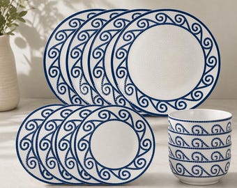 Vajilla de gres de 12 piezas para 4 personas, platos y cuencos geométricos vintage, resistentes a los arañazos y seguras.