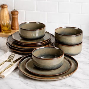 Handmade Ceramic Dinnerware Set for 4, 12pcs Reactive Glaze Plates & Bowls, Scratch-Resistant, Microwave Safe