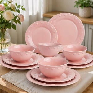 Pink Heart Embossed Dinnerware Set for 4, 12pcs Ceramic Plates & Bowls
