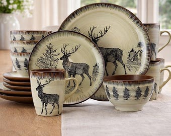 Majestic Elk Service de vaisselle pour 4 assiettes rondes et bols 16 pièces Taupe