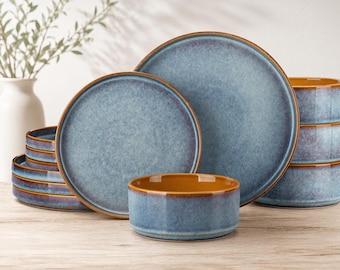 12 Piece Ceramic Dinnerware Set, Blue Reactive Glaze Plates Bowls, Microwave Dishwasher Safe