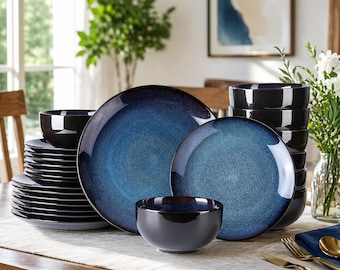 Juego de vajilla de 12 piezas con esmalte reactivo ondulado para 4 personas, platos y cuencos resistentes a los arañazos.