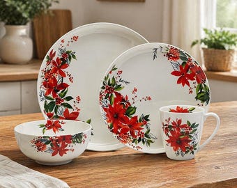 Juego de vajilla Winter Poinsettia para 4 personas, platos y cuencos ligeros y resistentes a las roturas.