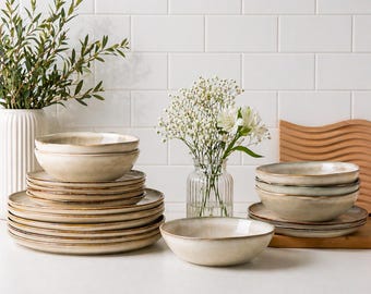 Handmade Ceramic Dinnerware Set for 6, Reactive Glaze Plates & Bowls
