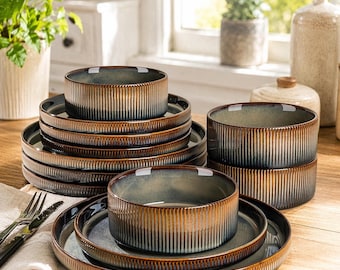 Porcelain Dinnerware Set for 6, 18pcs Speckled Plates & Bowls, Microwave Safe