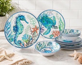 Juego de vajilla de melamina de 12 piezas con diseño costero para 4 personas, platos y cuencos con estampado oceánico, ligero e irrompible.