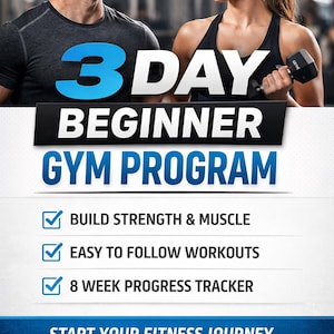 Könnte beinhalten: Werbung für ein 3-Tage-Gymnastikprogramm für Anfänger. Der Text enthält "Kraft & Muskeln aufbauen", "Leicht verständliche Workouts" und "8 Wochen Fortschrittsverfolgung". Ein Mann und eine Frau sind abgebildet.