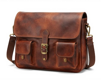 Handmade Genuine Leather Messenger Bag for Men Women, Laptop Bag for Work Travel, Full Grain Leather Shoulder Bag, Artisan Leather Bag